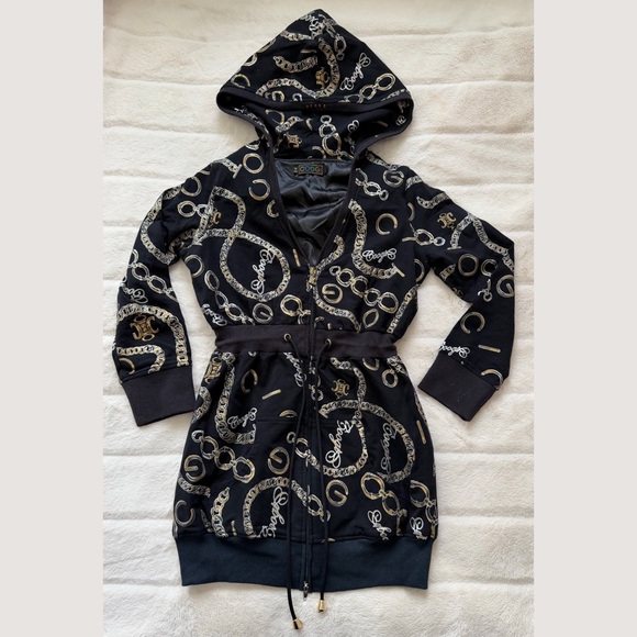 COOGI Tops - Coogi Zip Up Cinch Waist Hoodie Black Chain Print Size Large
